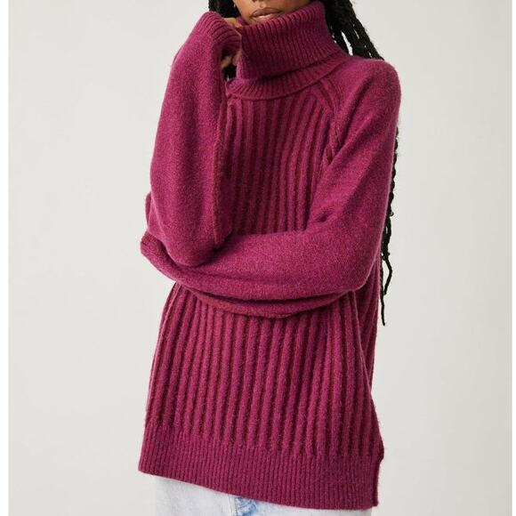 Free People Big City Knitted Turtle Neck Sweater Mulberry Garnet Burgundy XS NWT - Picture 1 of 11